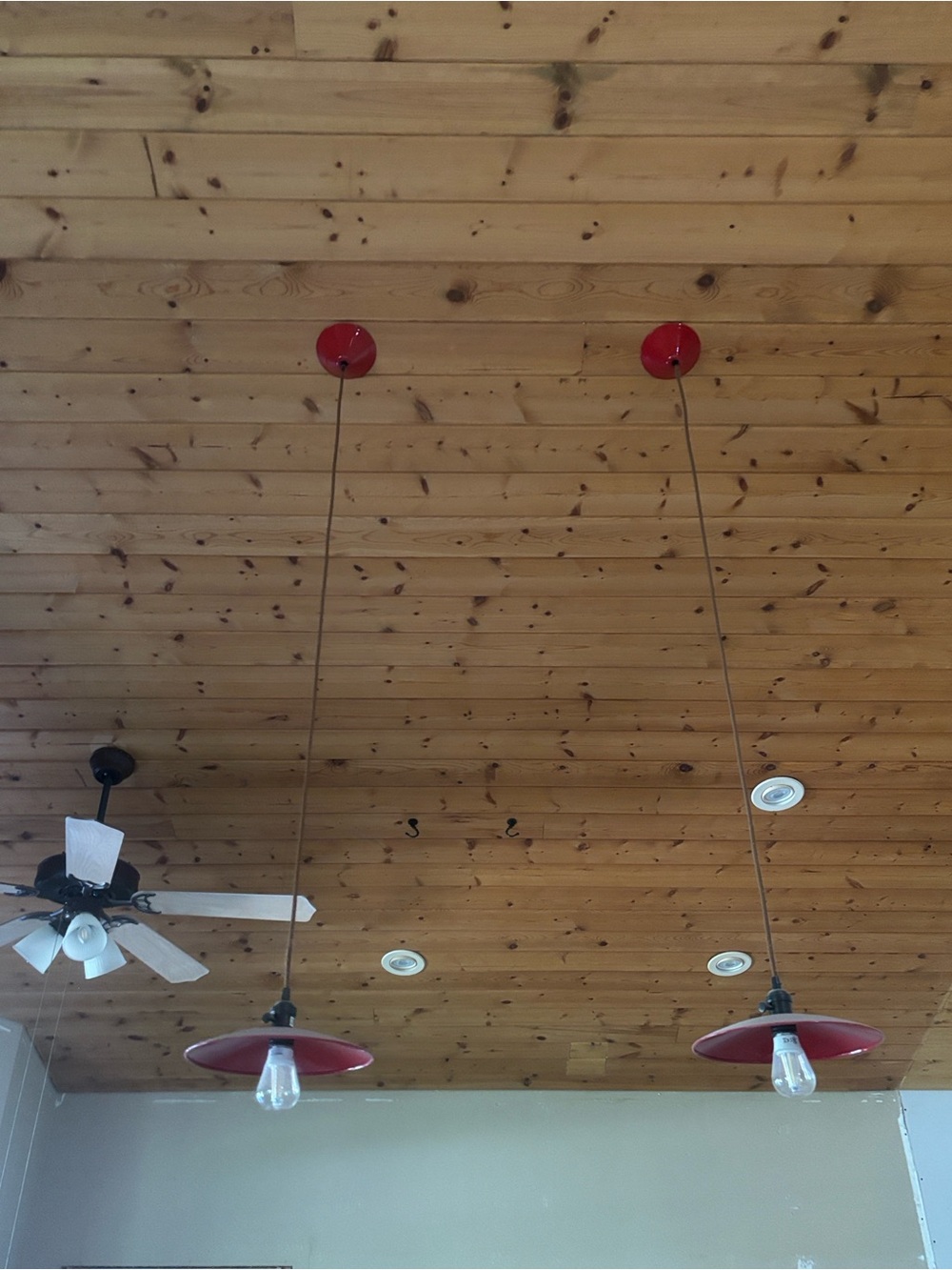 Set of 2 Red Pendant Light Fixtures with Exposed Bulb - Picture 3 of 6
